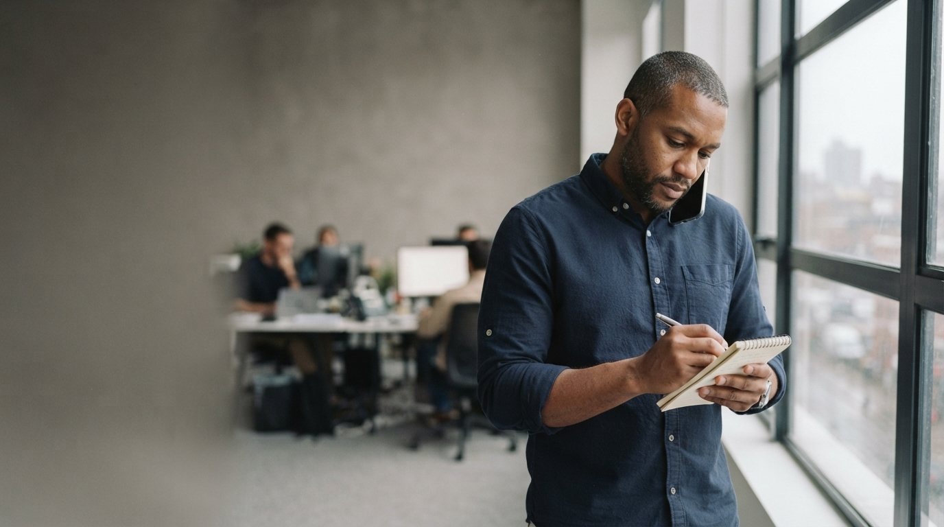 A sales rep stands by an office window on a phone call, writing a note on a small pad.