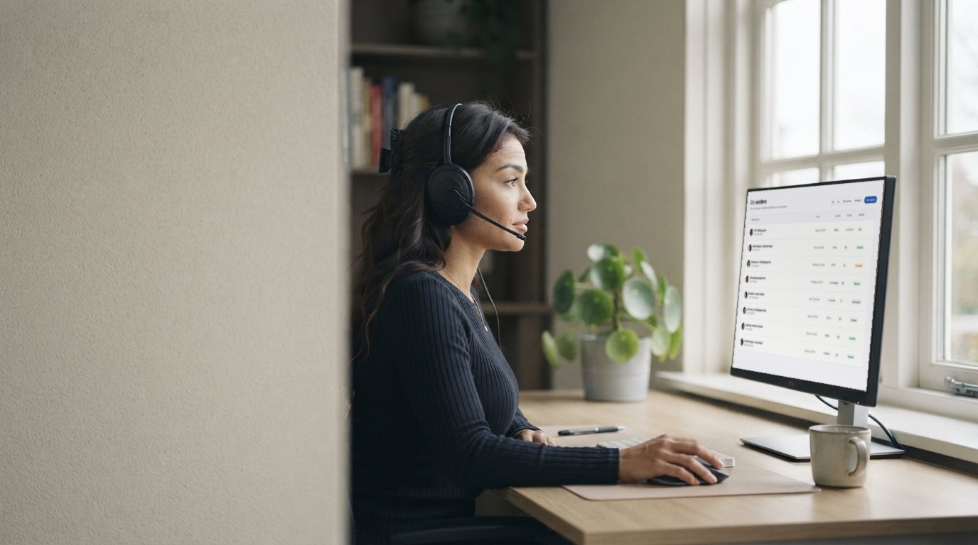 A customer support agent in a headset at her desk beside a window, working on a call.