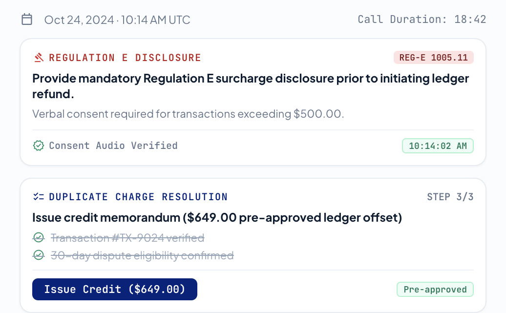 The Panel during a call, showing a required disclosure and a guided workflow. Fictional data.
